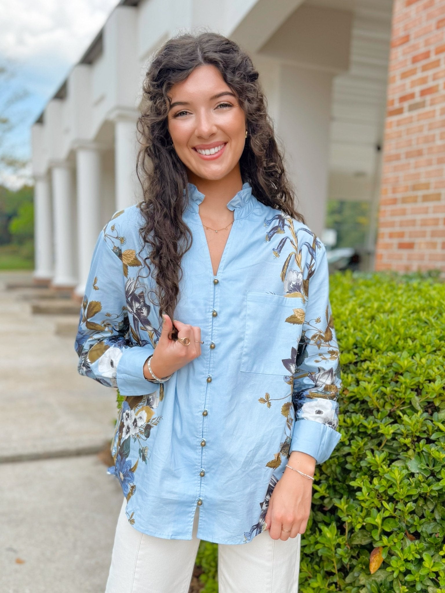 Bloom Grace Floral Ruffle Neck Button Top - Jessi Jayne Boutique