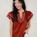 Rust Haven Ruffle Flutter Sleeve Top - Jessi Jayne Boutique