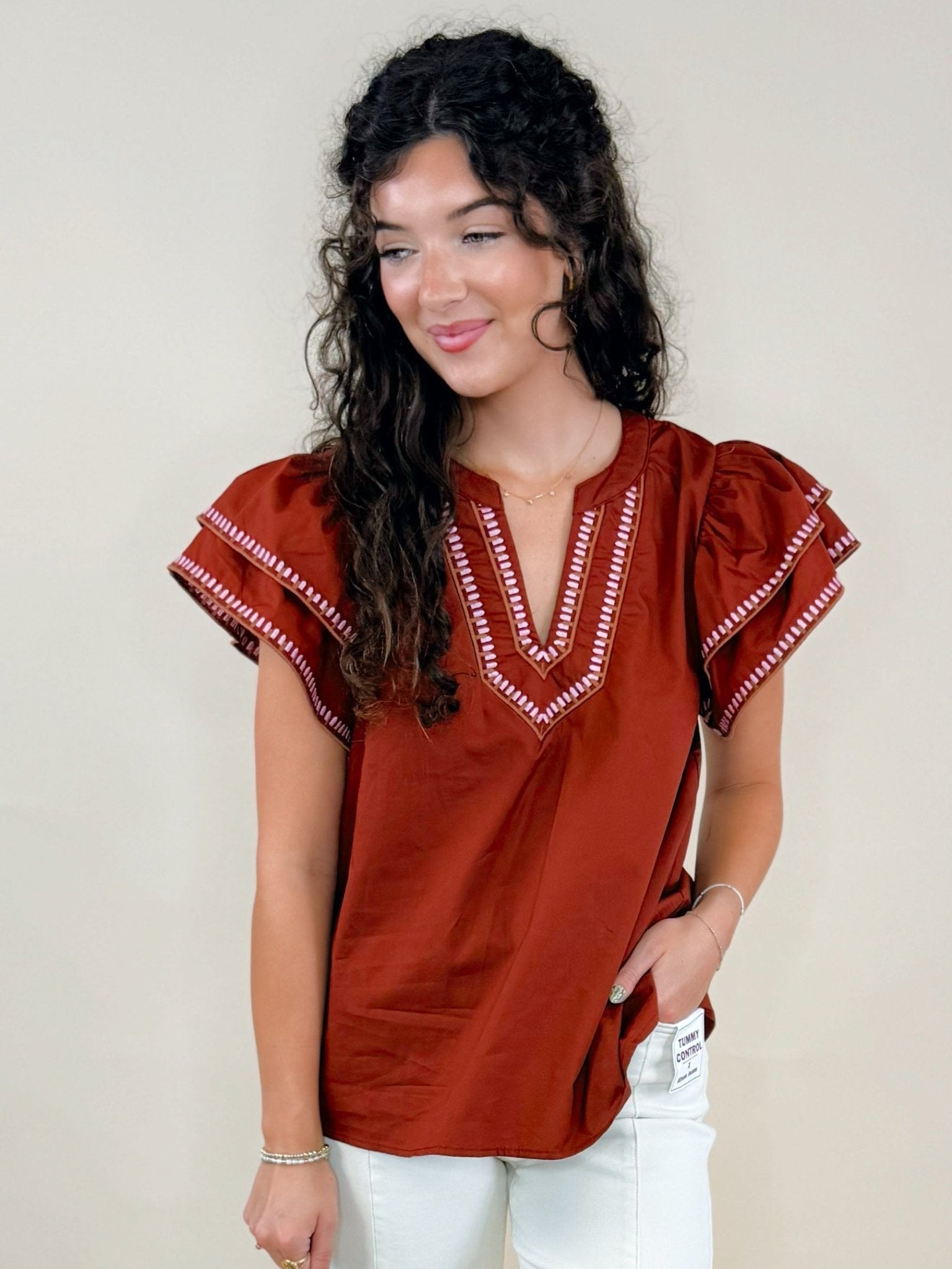 Rust Haven Ruffle Flutter Sleeve Top - Jessi Jayne Boutique