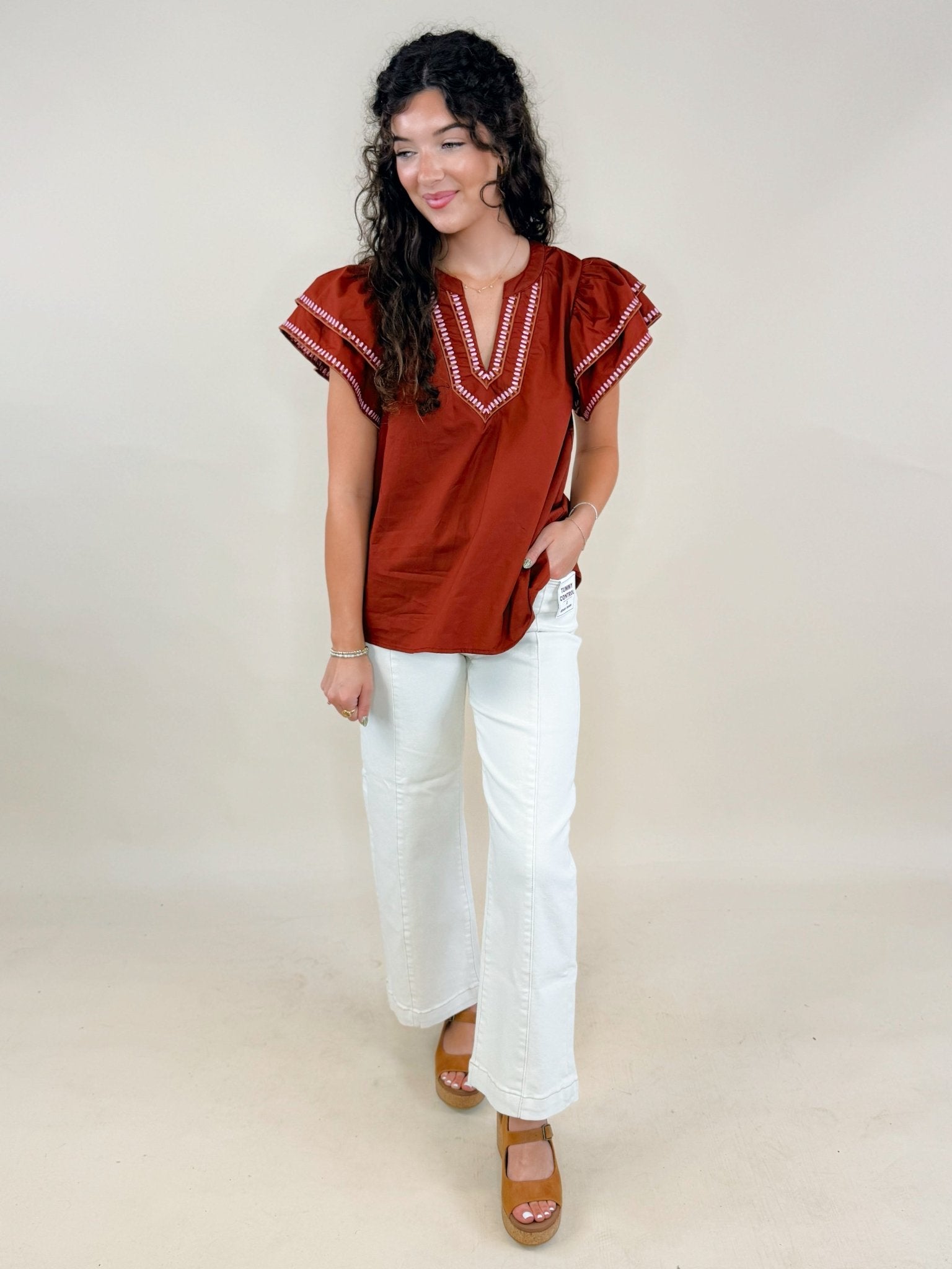 Rust Haven Ruffle Flutter Sleeve Top - Jessi Jayne Boutique