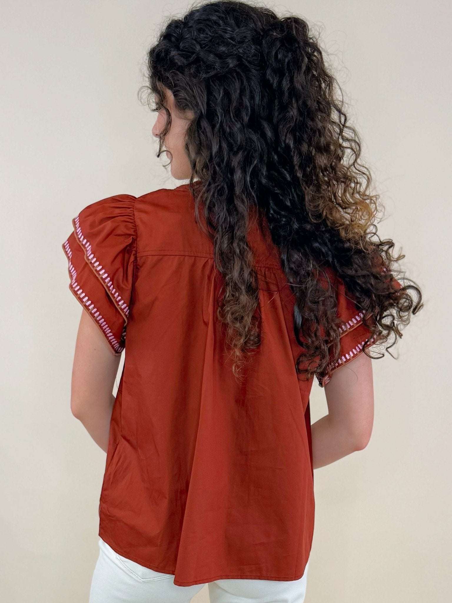 Rust Haven Ruffle Flutter Sleeve Top - Jessi Jayne Boutique