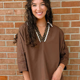 Contrast Leopard Trim Button Sleeve Top - Jessi Jayne Boutique
