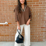 Contrast Leopard Trim Button Sleeve Top - Jessi Jayne Boutique