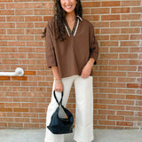 Contrast Leopard Trim Button Sleeve Top - Jessi Jayne Boutique