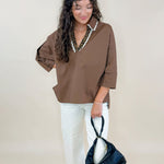 Contrast Leopard Trim Button Sleeve Top - Jessi Jayne Boutique