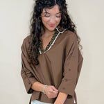 Contrast Leopard Trim Button Sleeve Top - Jessi Jayne Boutique