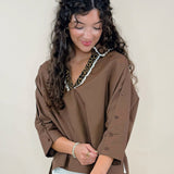 Contrast Leopard Trim Button Sleeve Top - Jessi Jayne Boutique