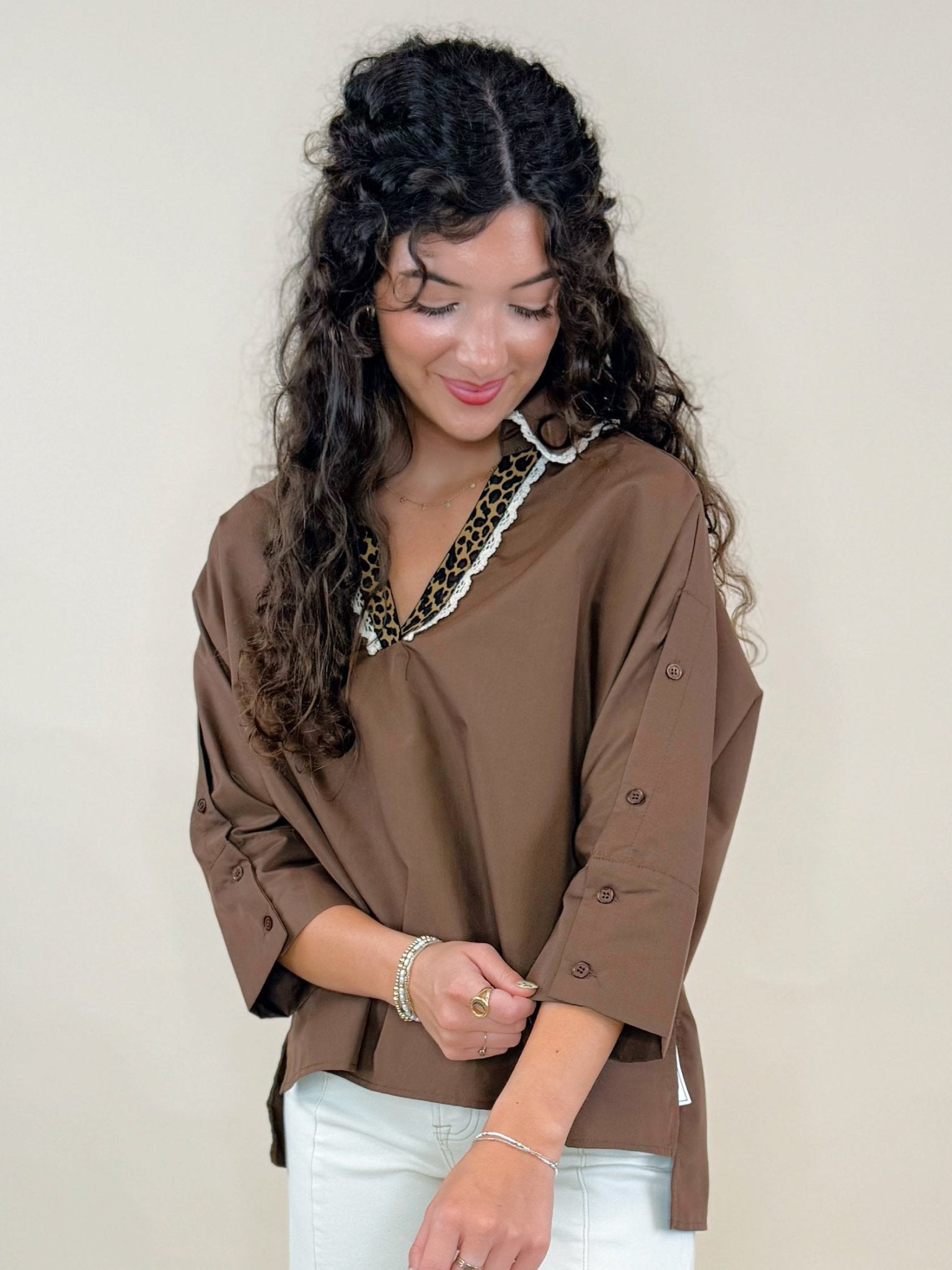 Contrast Leopard Trim Button Sleeve Top - Jessi Jayne Boutique