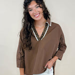 Contrast Leopard Trim Button Sleeve Top - Jessi Jayne Boutique