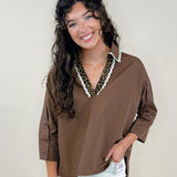 Contrast Leopard Trim Button Sleeve Top - Jessi Jayne Boutique