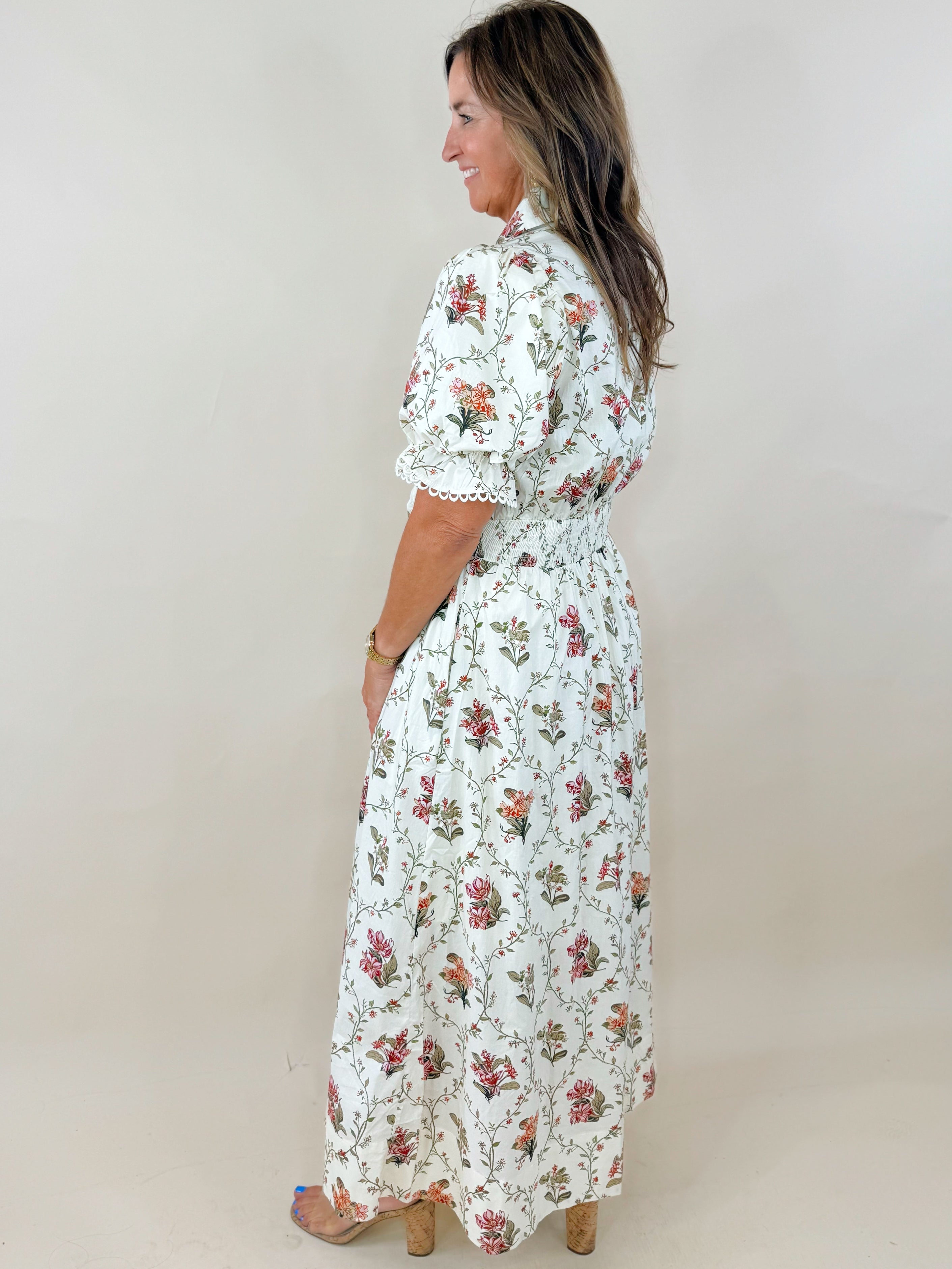Botanical Print Puff Sleeve Midi Dress - Jessi Jayne Boutique