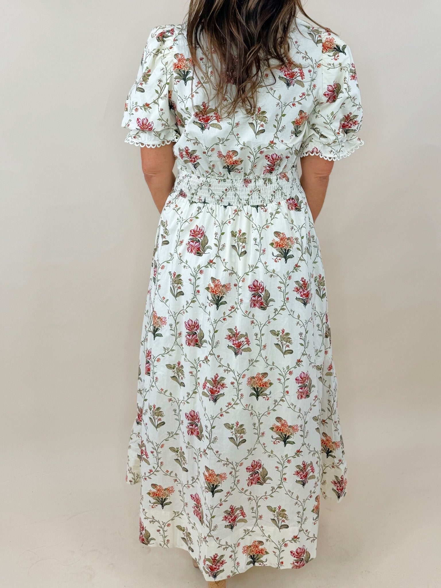 Botanical Print Puff Sleeve Midi Dress - Jessi Jayne Boutique