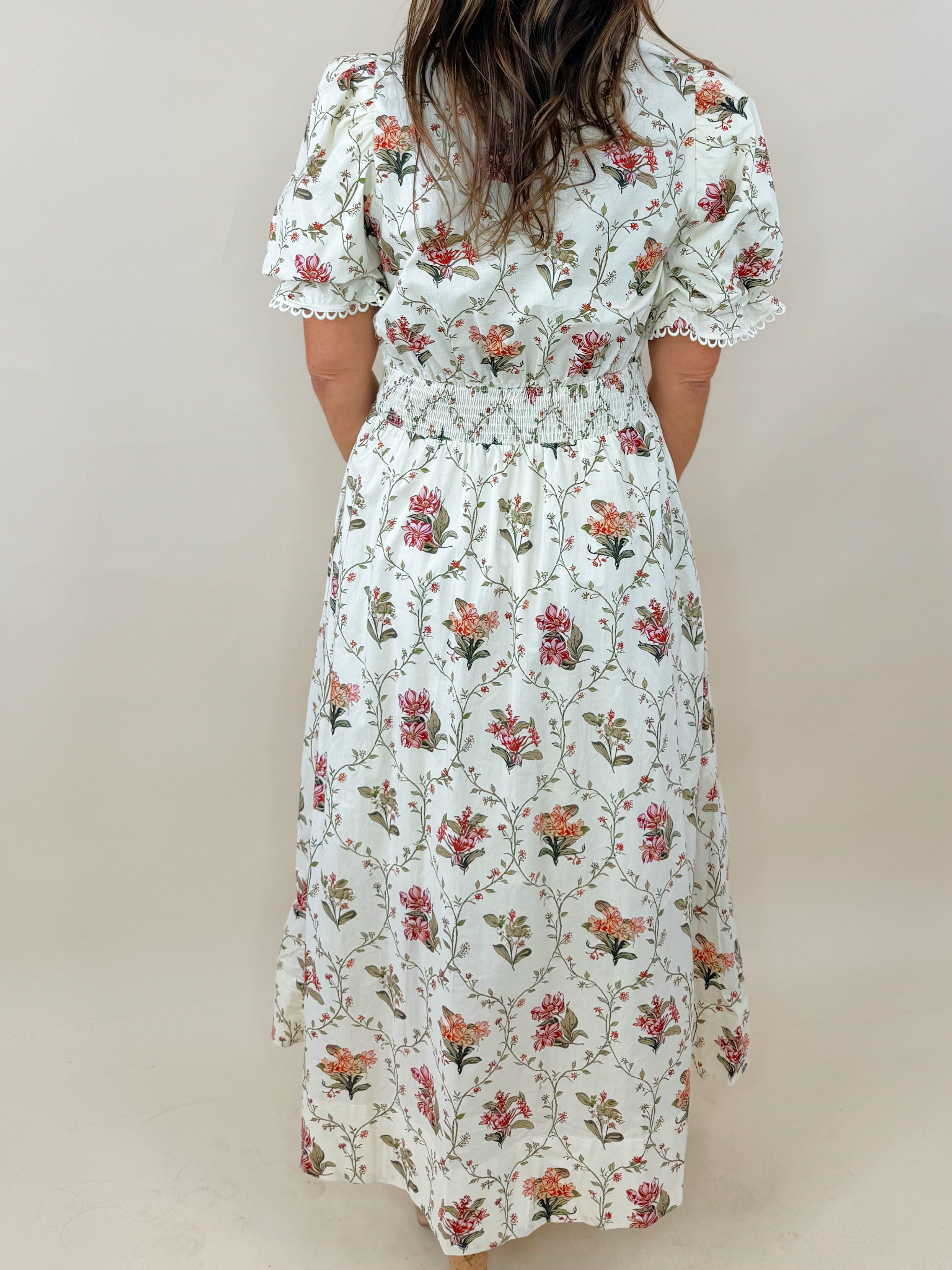 Botanical Print Puff Sleeve Midi Dress - Jessi Jayne Boutique