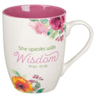 She Speaks With Wisdom Pink Floral Ceramic Coffee Mug - Proverbs 31:26 - Jessi Jayne Boutique
