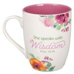 She Speaks With Wisdom Pink Floral Ceramic Coffee Mug - Proverbs 31:26 - Jessi Jayne Boutique