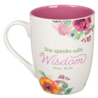 She Speaks With Wisdom Pink Floral Ceramic Coffee Mug - Proverbs 31:26 - Jessi Jayne Boutique