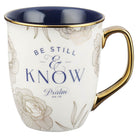 Be Still and Know Blue and Gold Floral Ceramic Mug - Psalm 46:10 - Jessi Jayne Boutique