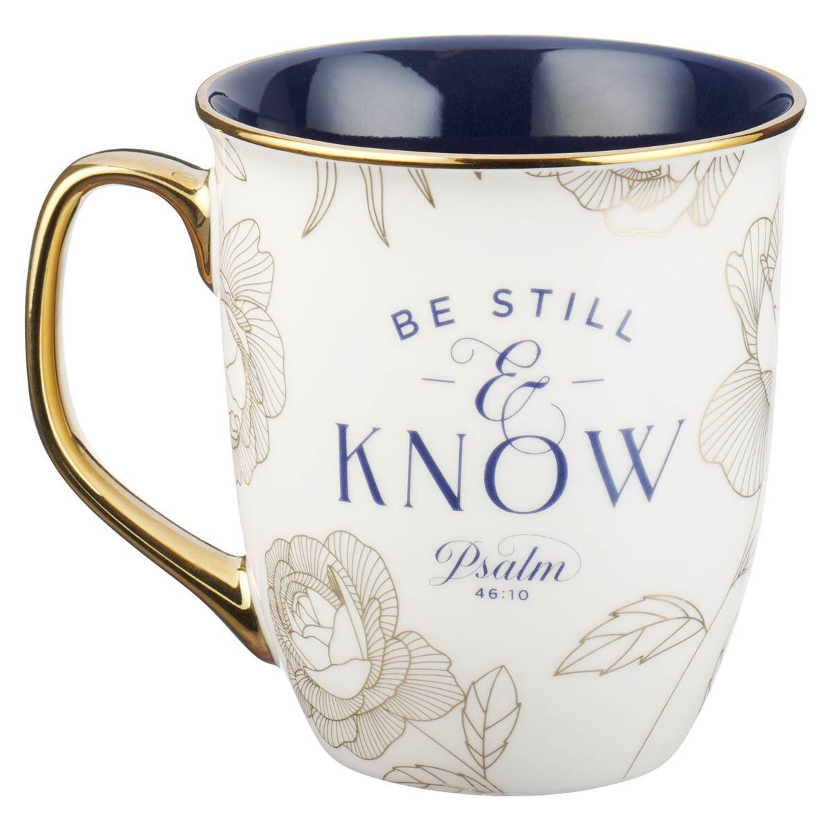 Be Still and Know Blue and Gold Floral Ceramic Mug - Psalm 46:10 - Jessi Jayne Boutique