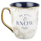 Be Still and Know Blue and Gold Floral Ceramic Mug - Psalm 46:10 - Jessi Jayne Boutique