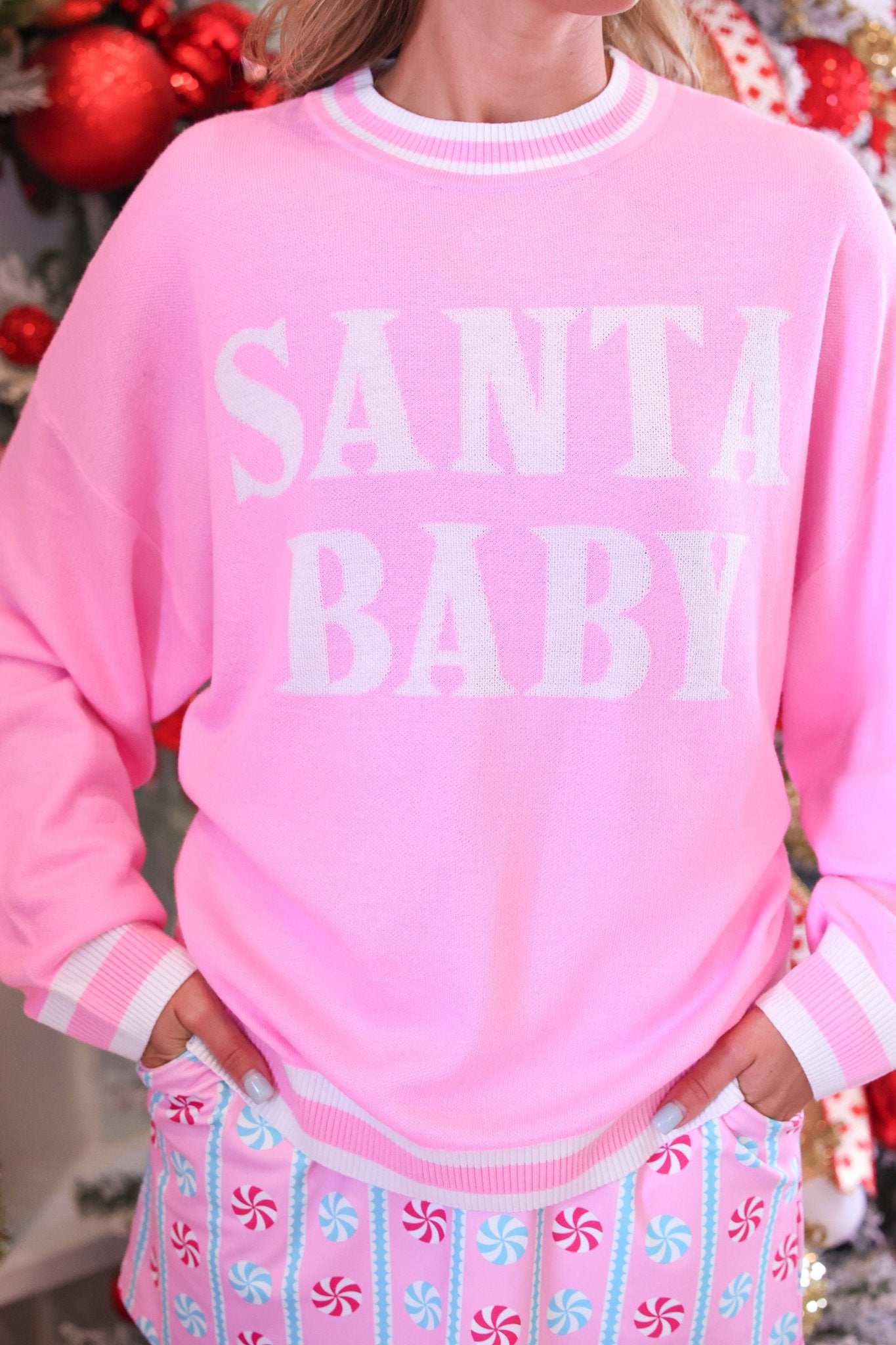PREORDER- Pink Santa Baby Jacquard Knit Sweater - Jessi Jayne Boutique