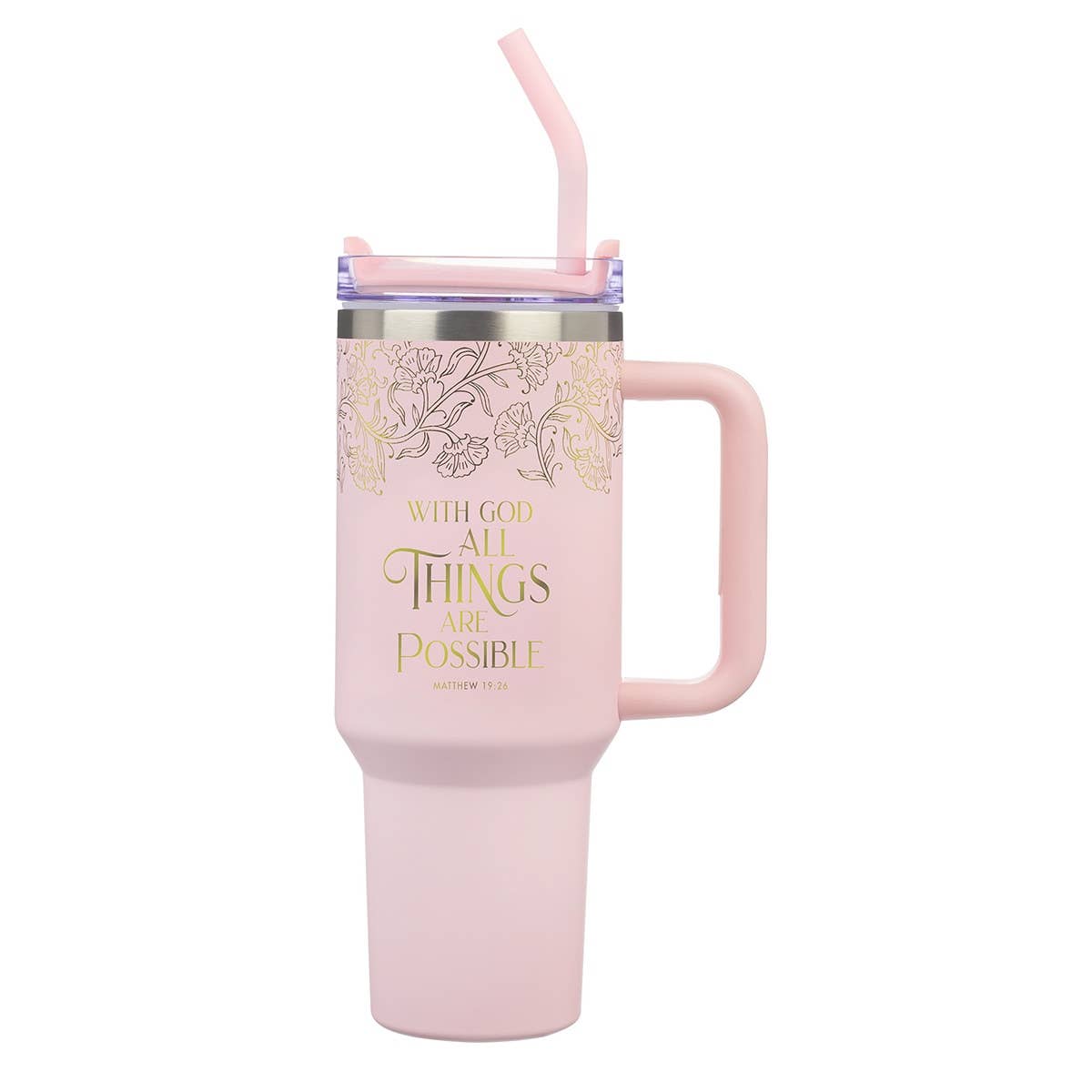 Tumbler w/straw SS Pink With God Matt. 19:26 - Jessi Jayne Boutique
