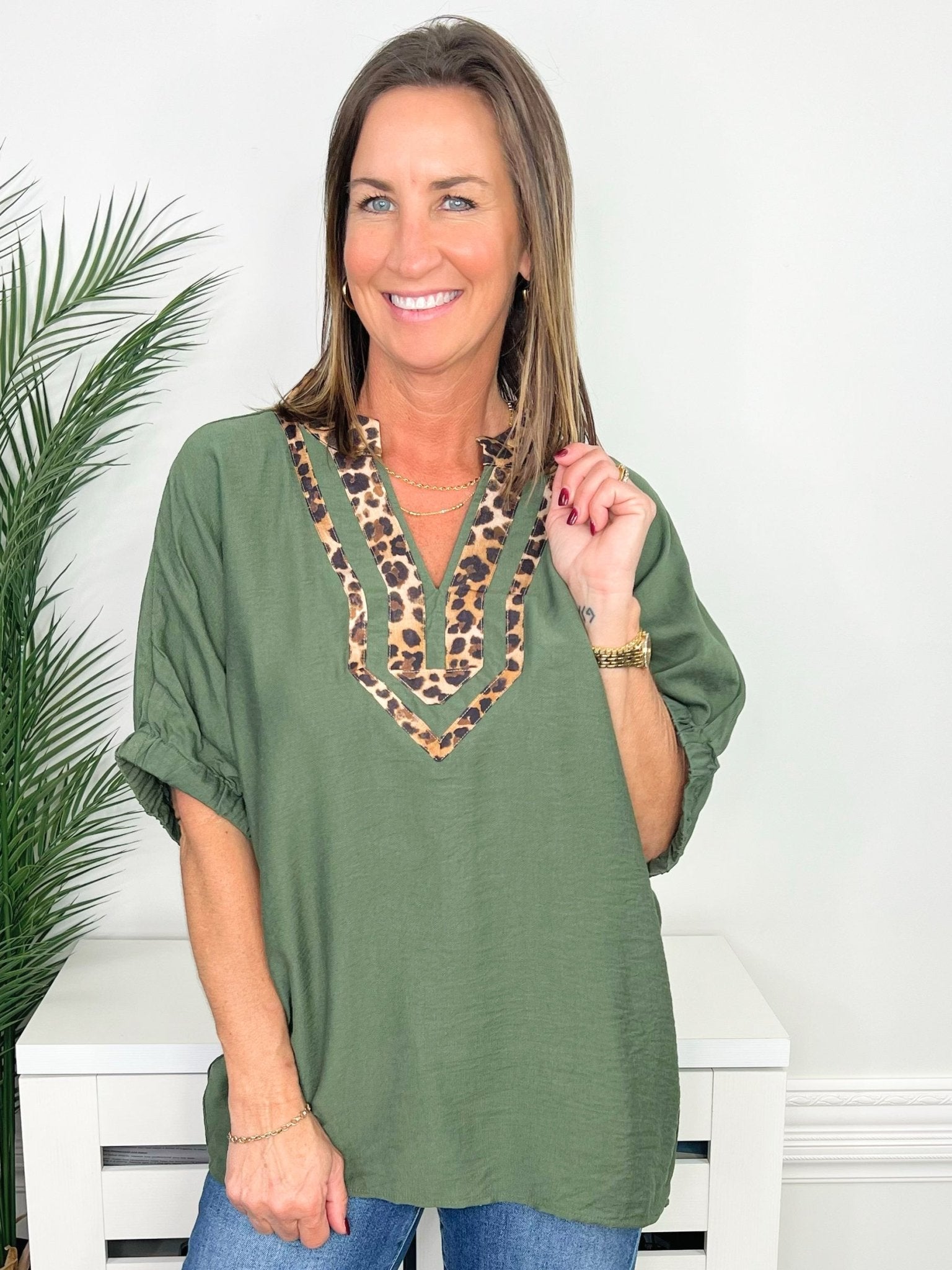 Olive Branch Leopard Trim Dolman Top - Jessi Jayne Boutique