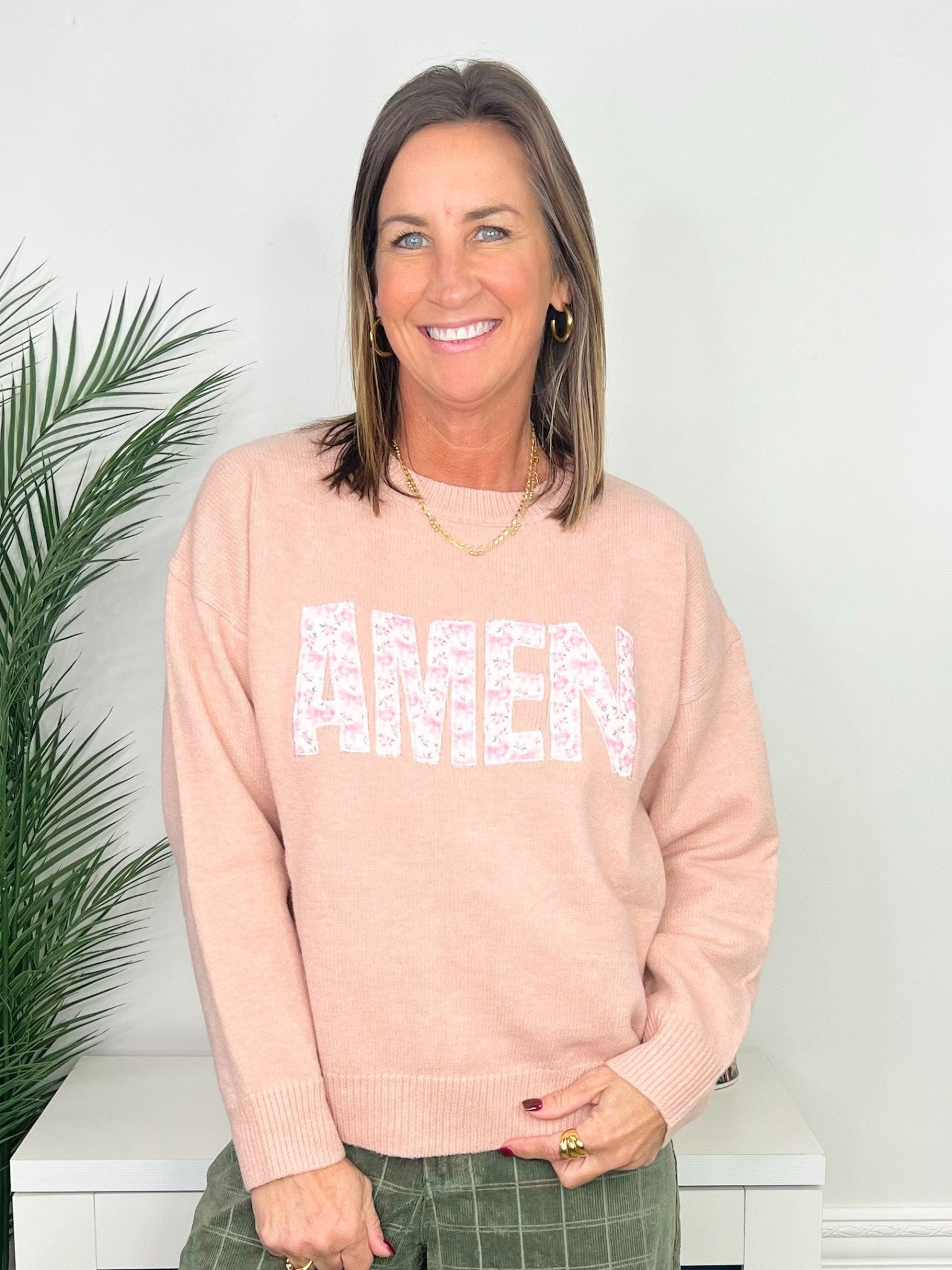 Sweet Amen Bow Print Patch Letter Sweater - Jessi Jayne Boutique
