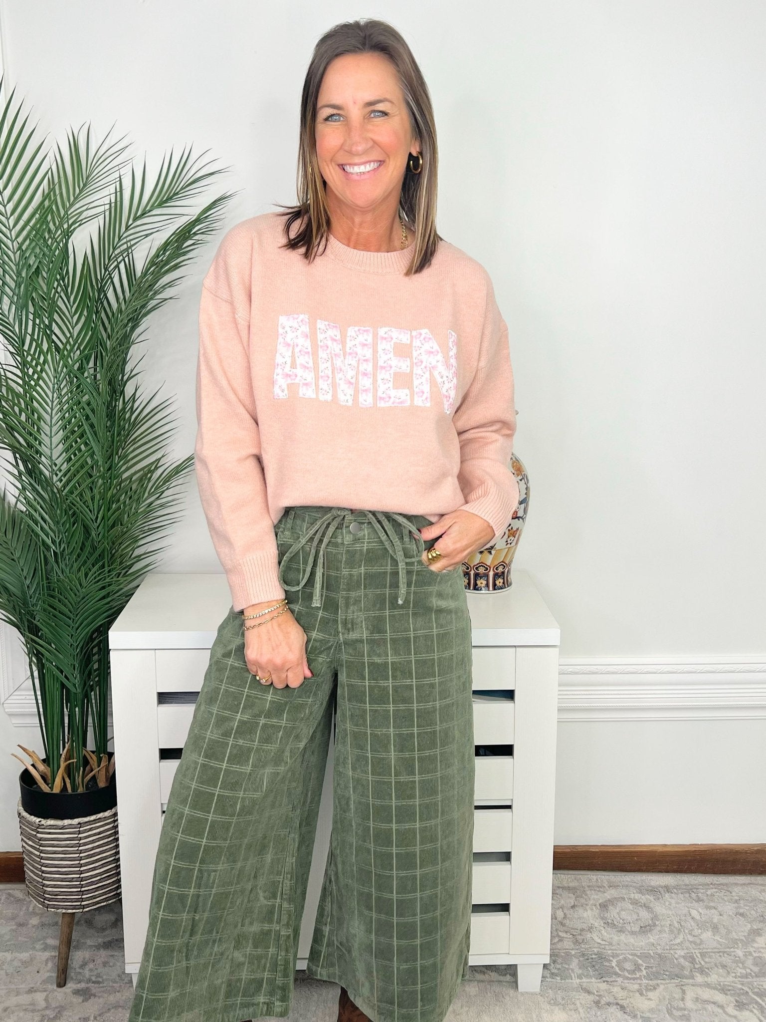 Off Duty Olive Windowpane Corduroy Wide-Leg Pants - Jessi Jayne Boutique
