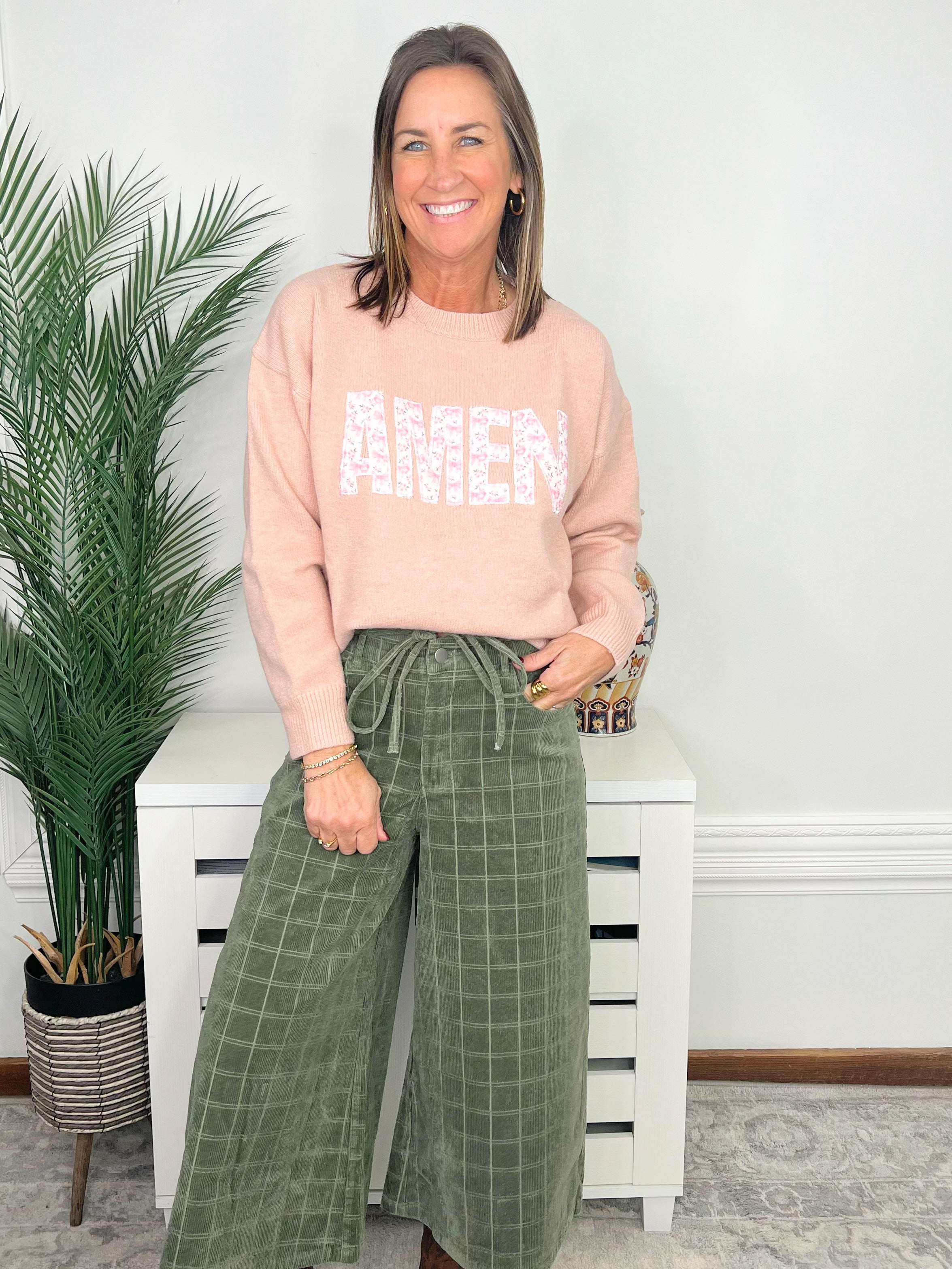 Off Duty Olive Windowpane Corduroy Wide-Leg Pants - Jessi Jayne Boutique