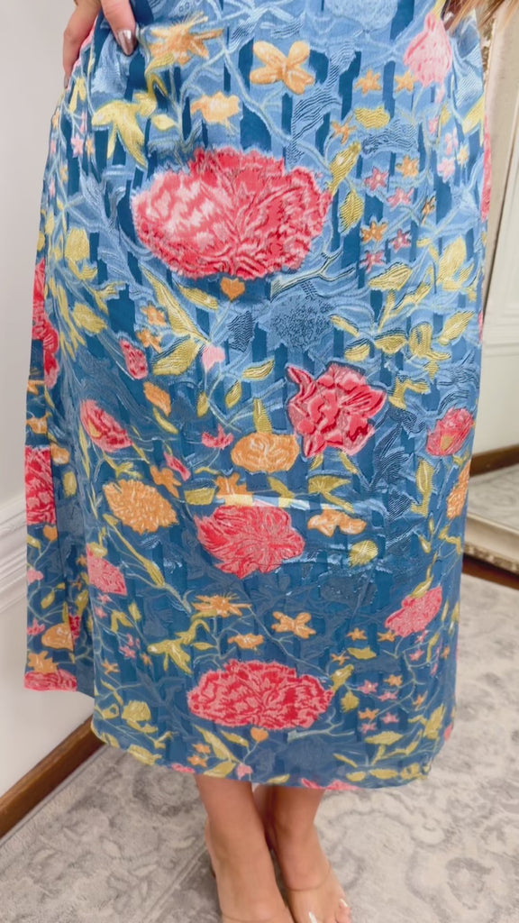Blue Bouquet Satin Midi Slip Dress - Jessi Jayne Boutique