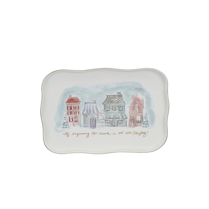 Stoneware Platter Village Christmas Scene & Gold Electroplating - Jessi Jayne Boutique