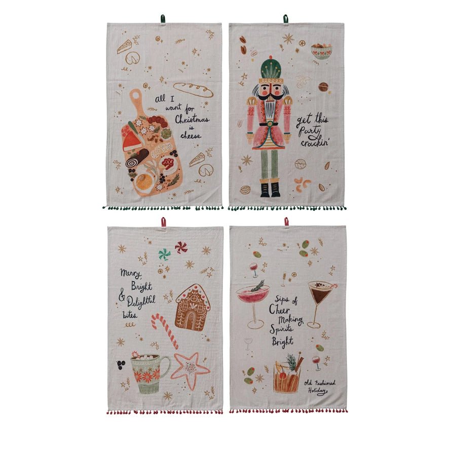 Tea Towel with Holiday Treats, Saying & Pom Pom Trim - Jessi Jayne Boutique