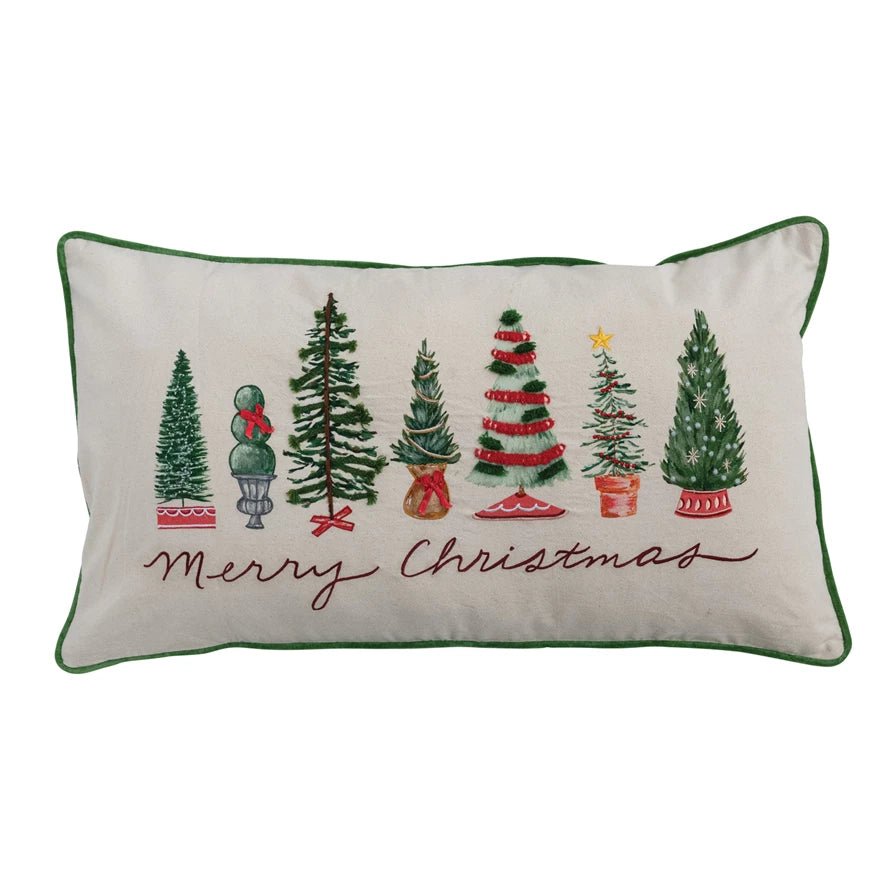 Merry Christmas Lumbar Pillow with Piping, Embroidery & Trees - Jessi Jayne Boutique