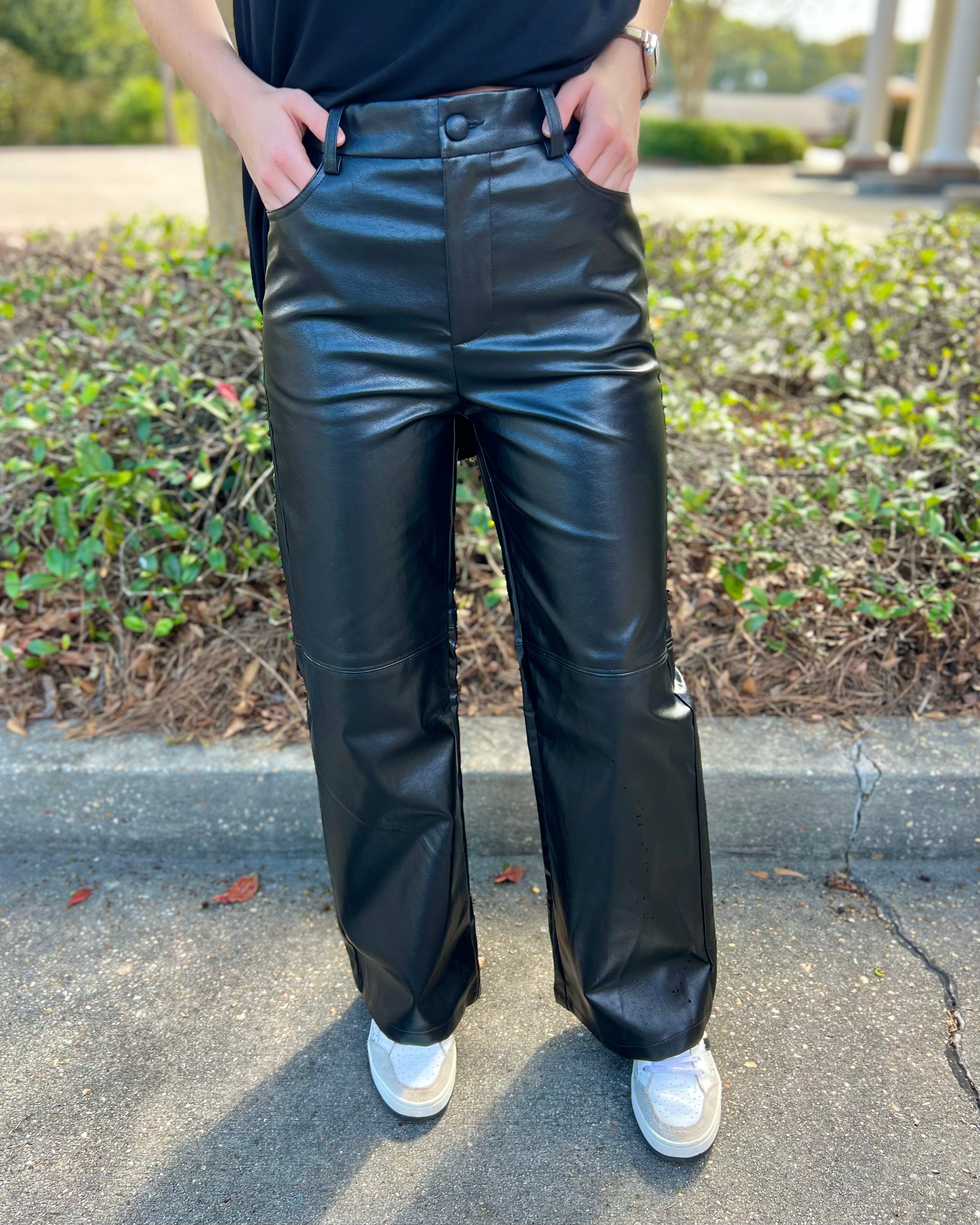 The Princess Is Here Black Pleather Straight Leg Pants - Jessi Jayne Boutique