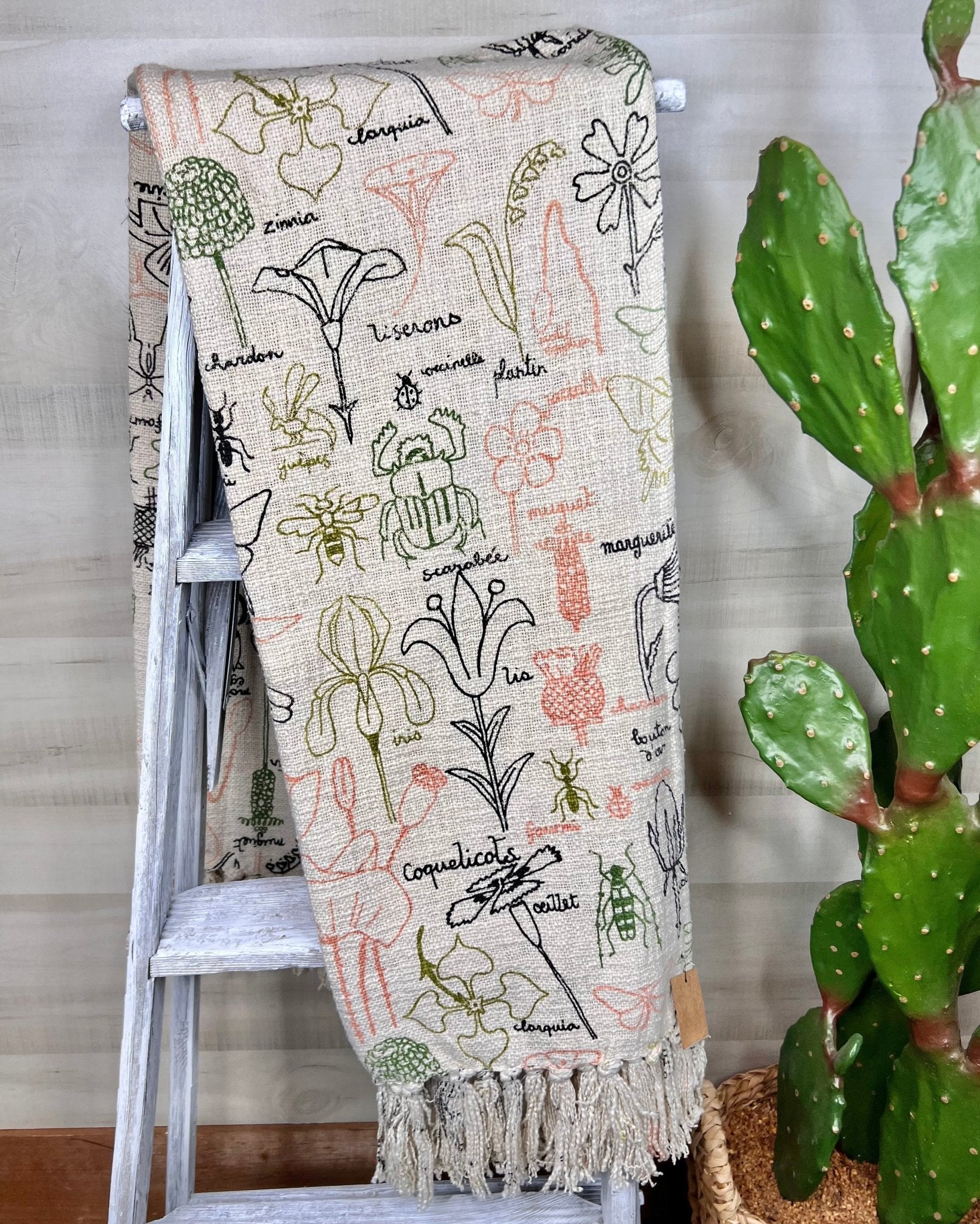 60"L x 50"W Cotton Blend Slub Printed Throw w/ Garden Studies Print & Fringe, Multi Color - Jessi Jayne Boutique